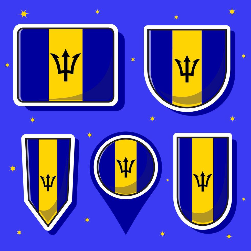 Flat cartoon vector illustration of Barbados national flag with many shapes inside