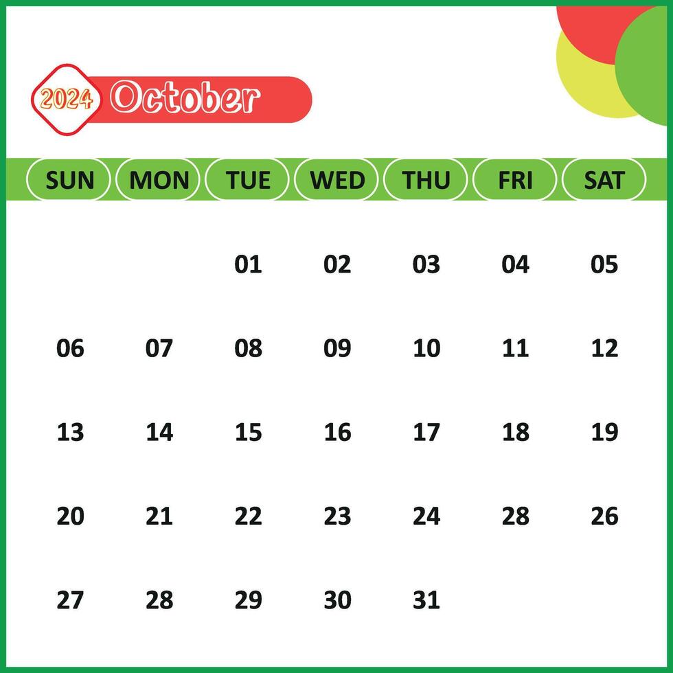 October Month Calendar for 2024, Tuesday Start - White Background vector