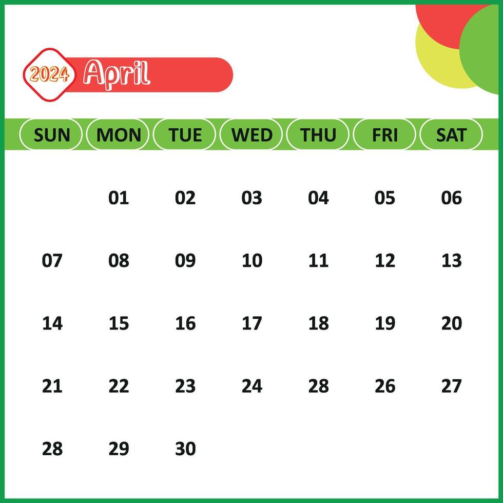 April Month Calendar for 2024, Monday Start - White Background vector