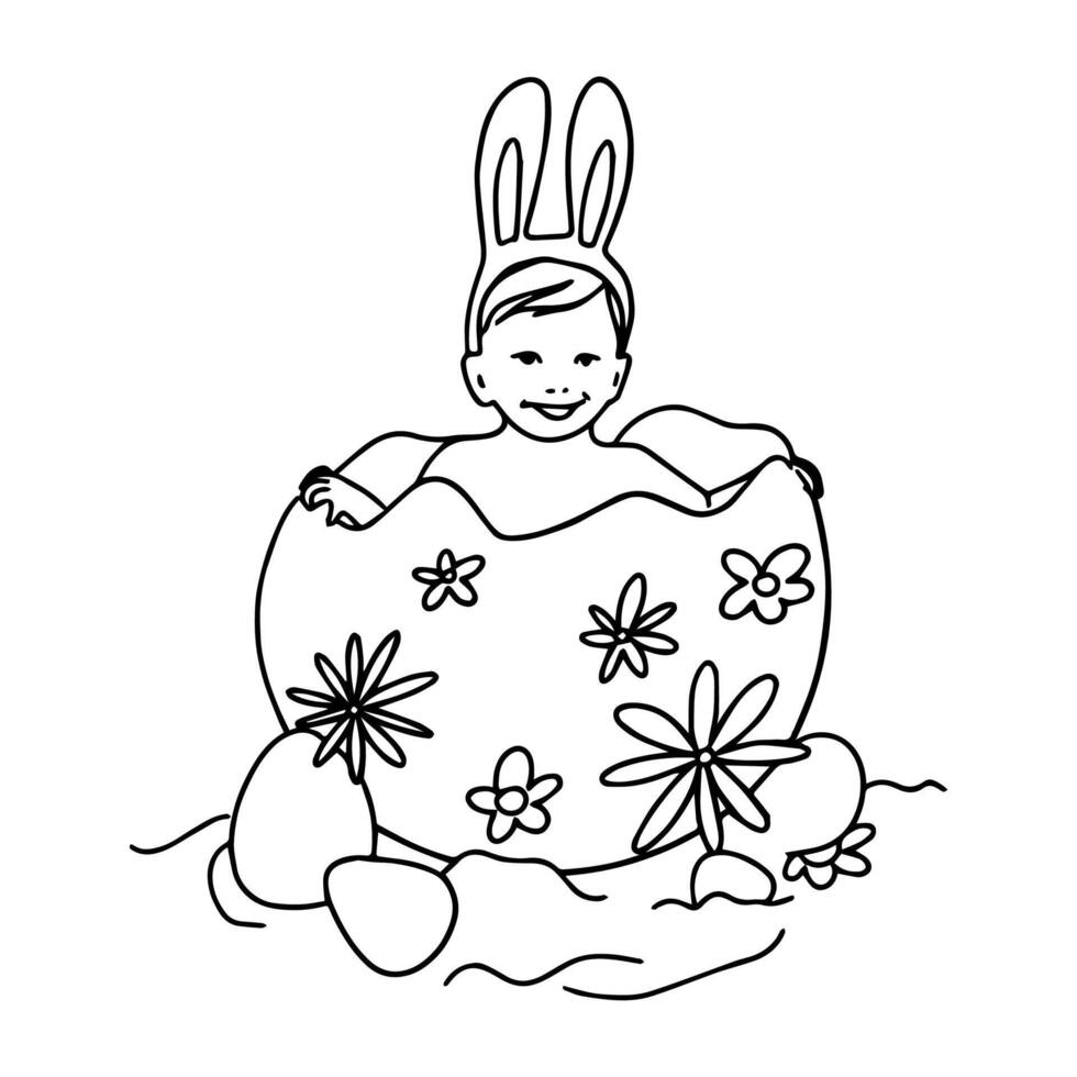 Egg with baby, Easter illustration in line art style. vector