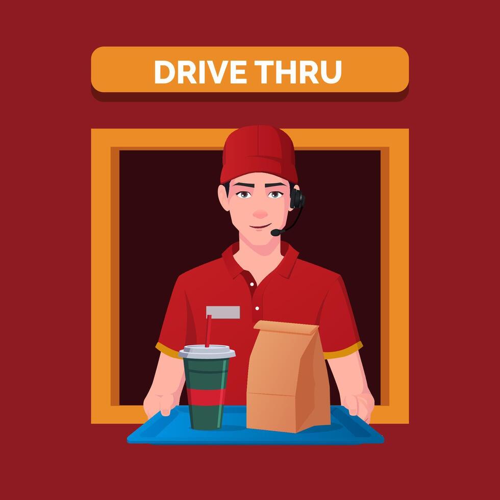 Fast Food Restaurant worker Serving Order at a Drive Thru window, Cartoon Drive Thru Service, Vector Illustration