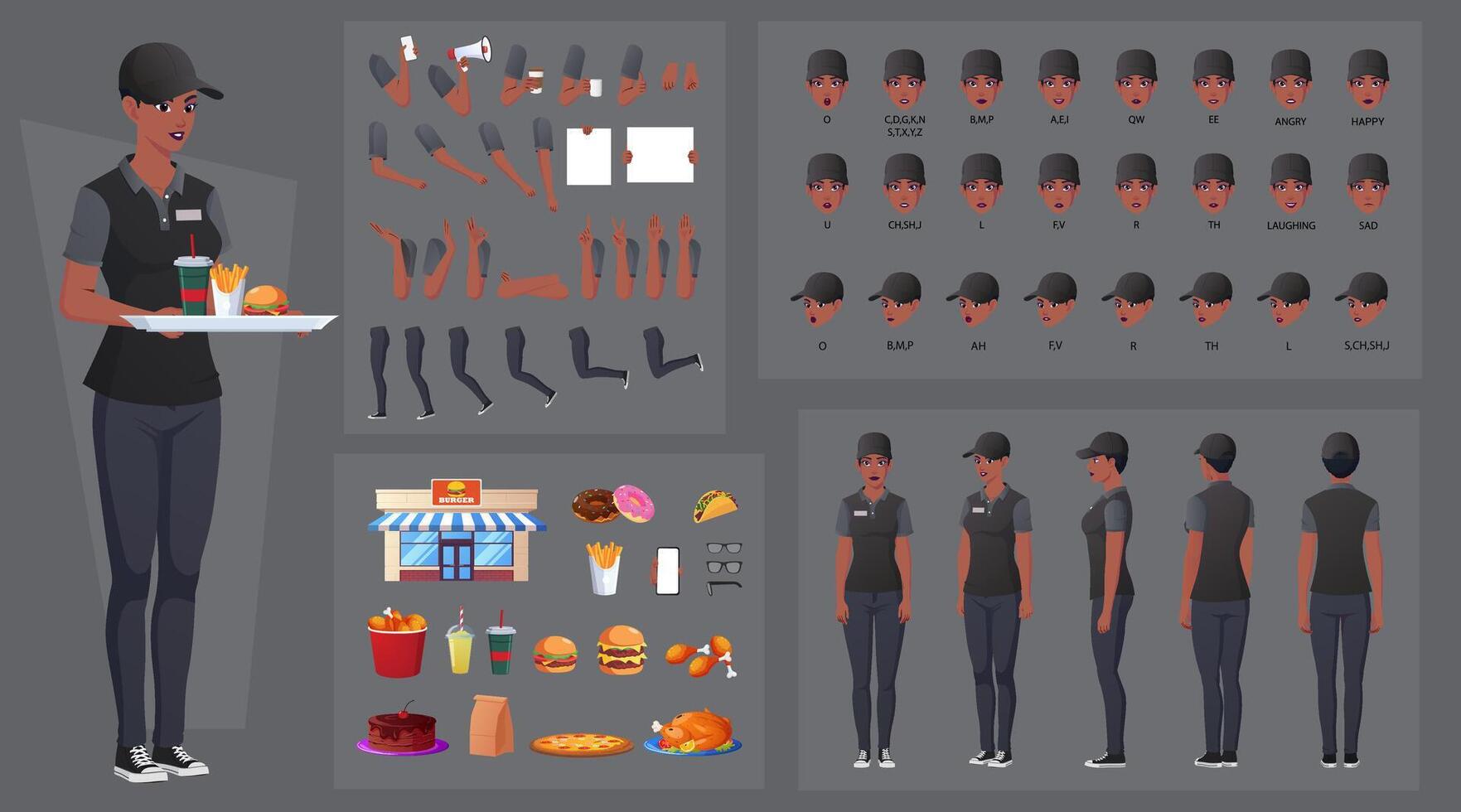 negro comida rápida trabajador personaje creación colocar, mujer vistiendo trabajo uniforme con varios comida elementos. mano gestos, boca animación y labio sincronizar vector ilustración