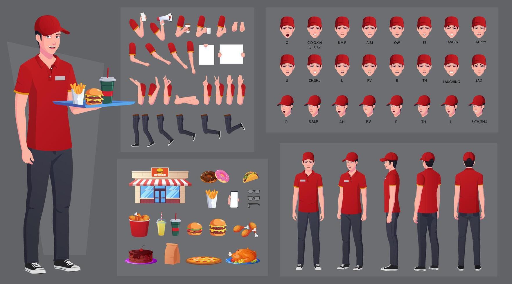 Fast-food, Restaurant Worker Character Creation and Animation Pack, Man Wearing Red uniform with Various Foods, Hand Gestures, Mouth Animation and Lip Sync. Vector Illustration