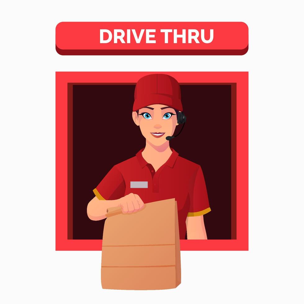 Fast Food Restaurant worker, Woman Serving Order at a Drive Thru window, Cartoon Drive Thru Service Concept, Vector Illustration