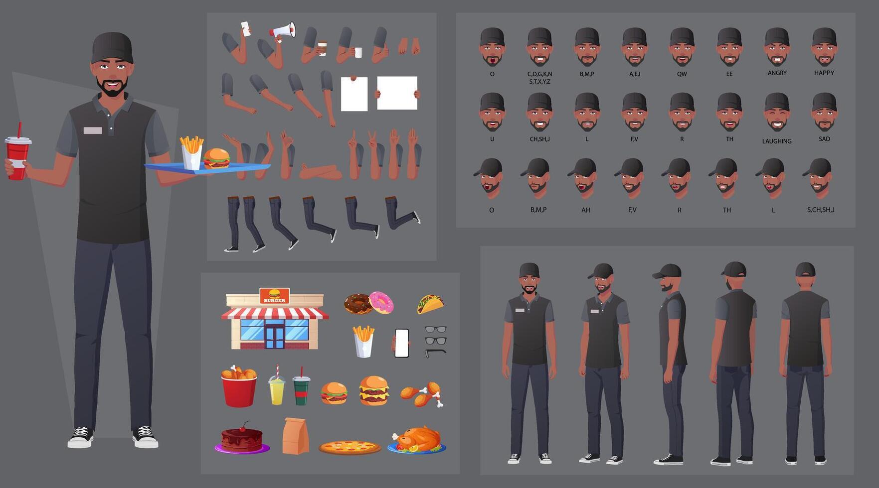 restaurante trabajador personaje creación y animación embalar, negro hombre vistiendo trabajo uniforme con varios alimentos, mano gestos, boca animación y labio sincronizar vector ilustraciones