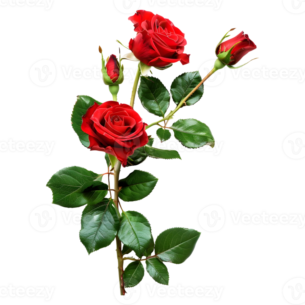 AI generated 3D Rendering of a Red Rose With Leaves on Transparent Background - Ai Generated png