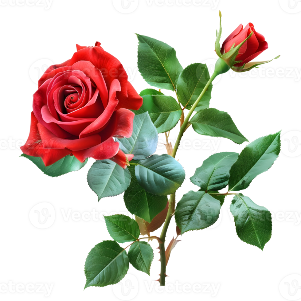 AI generated 3D Rendering of a Red Rose With Leaves on Transparent Background - Ai Generated png