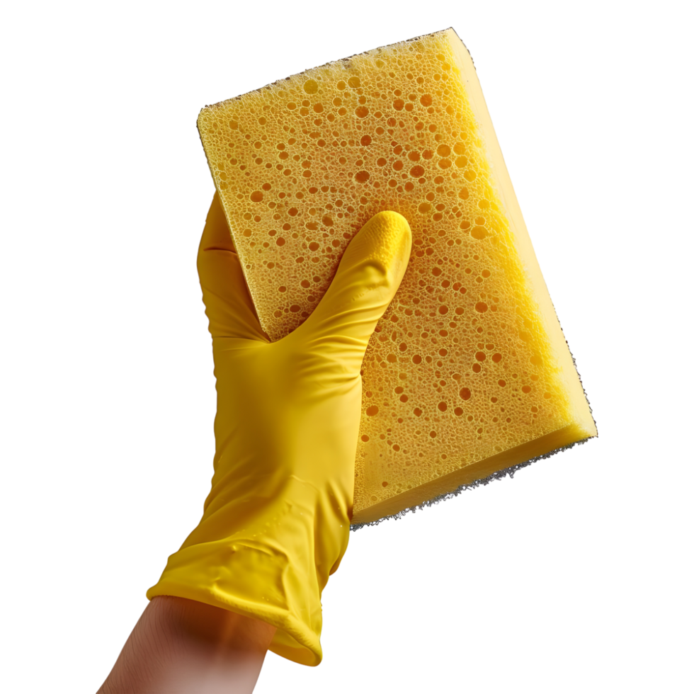 AI generated 3D Rendering of a Washing Sponge in Hand with Gloves on Transparent Background - Ai Generated png