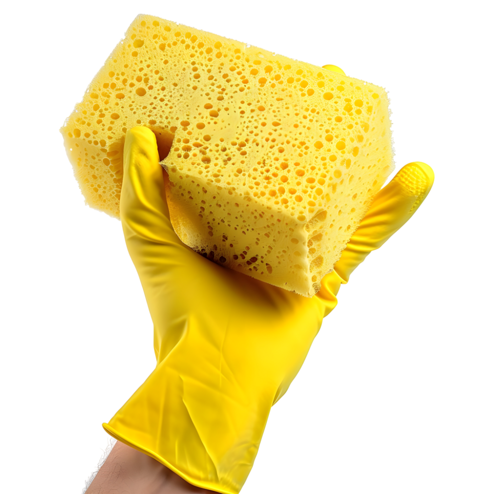 AI generated 3D Rendering of a Washing Sponge in Hand with Gloves on Transparent Background - Ai Generated png