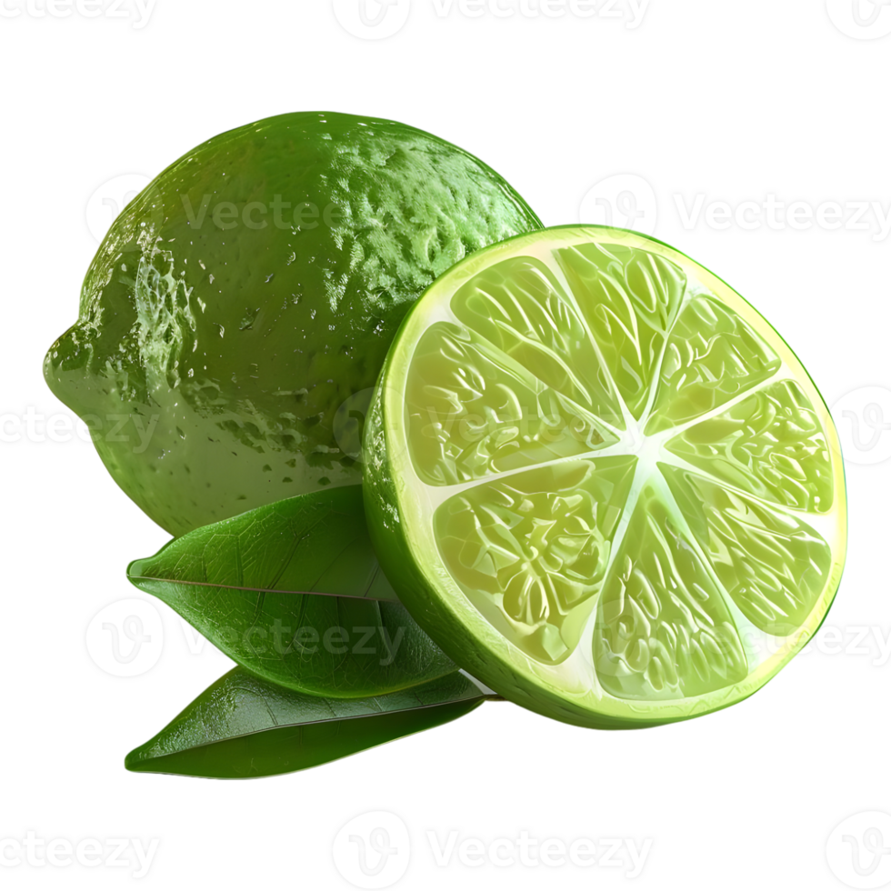 AI generated 3D Rendering of a Green Lemon with Leaves on Transparent