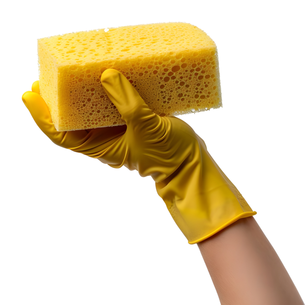 AI generated 3D Rendering of a Washing Sponge in Hand with Gloves on Transparent Background - Ai Generated png