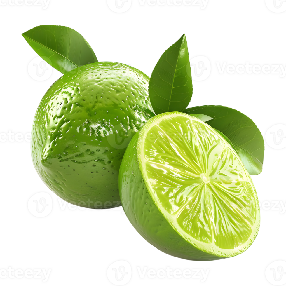 AI generated 3D Rendering of a Green Lemon with Leaves on Transparent Background - Ai Generated png