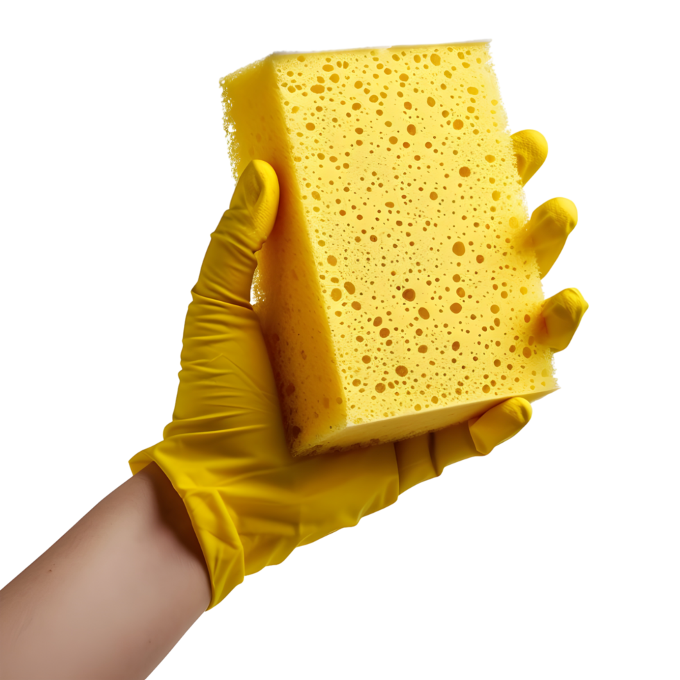 ai generiert 3d Rendern von ein Waschen Schwamm im Hand mit Handschuhe auf transparent Hintergrund - - ai generiert png
