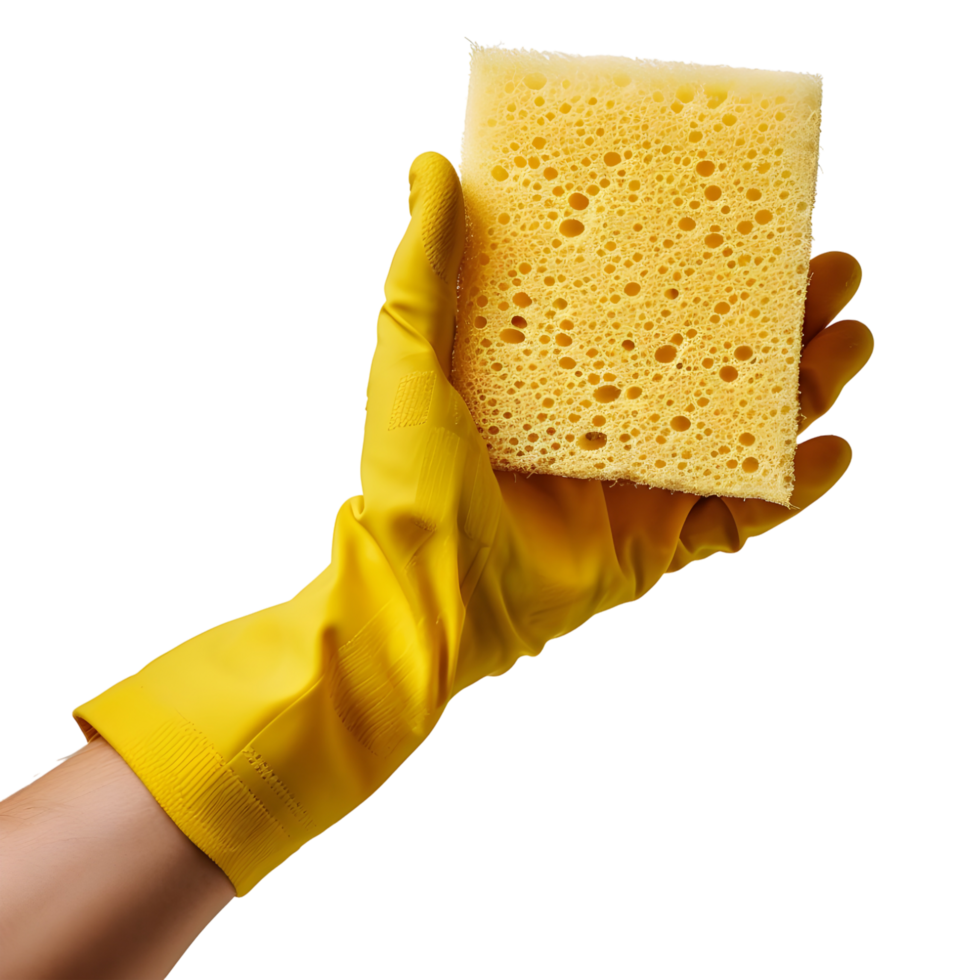 AI generated 3D Rendering of a Washing Sponge in Hand with Gloves on Transparent Background - Ai Generated png