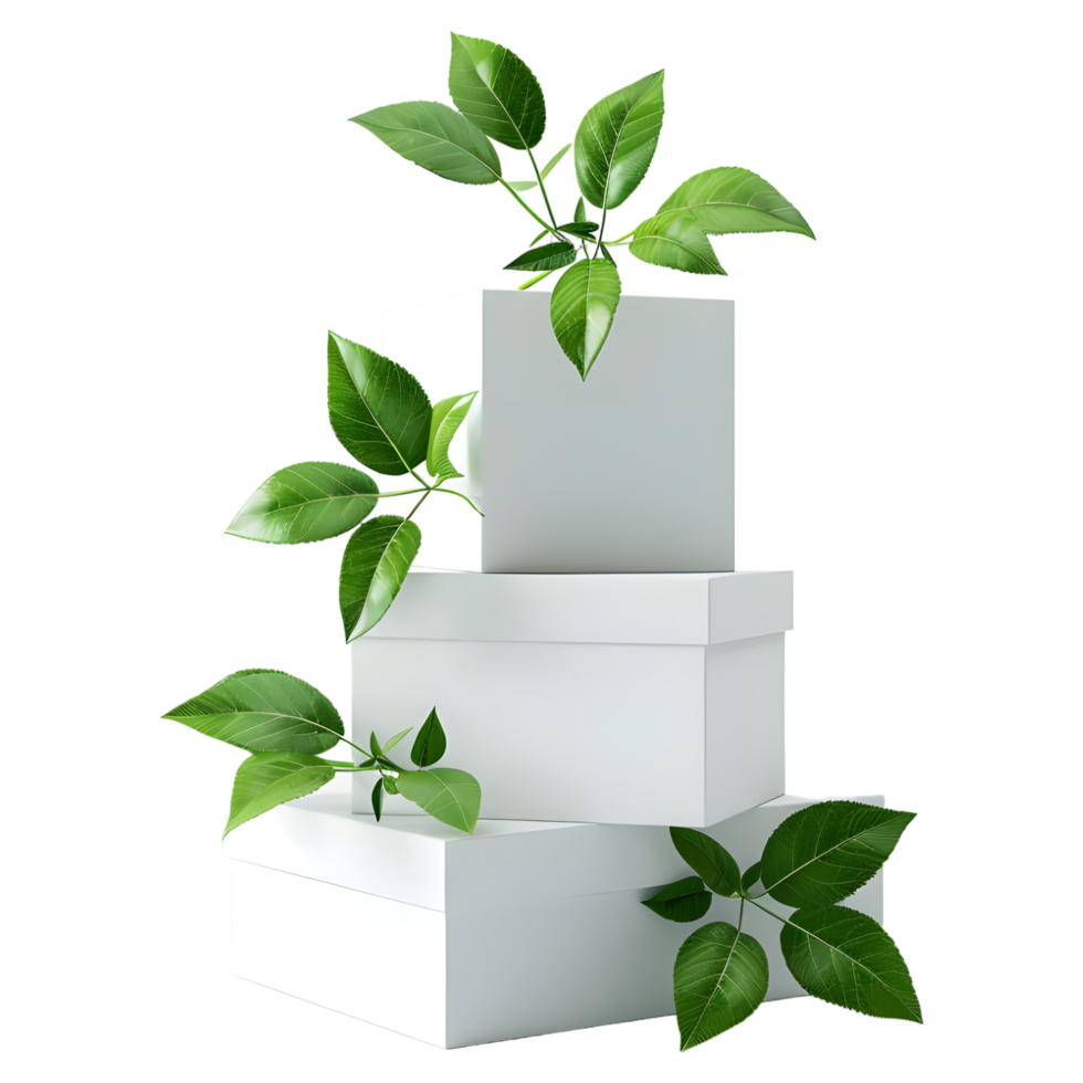 AI generated 3D Rendering of a Blank White Box with Leaves On It on Transparent Background - Ai Generated png