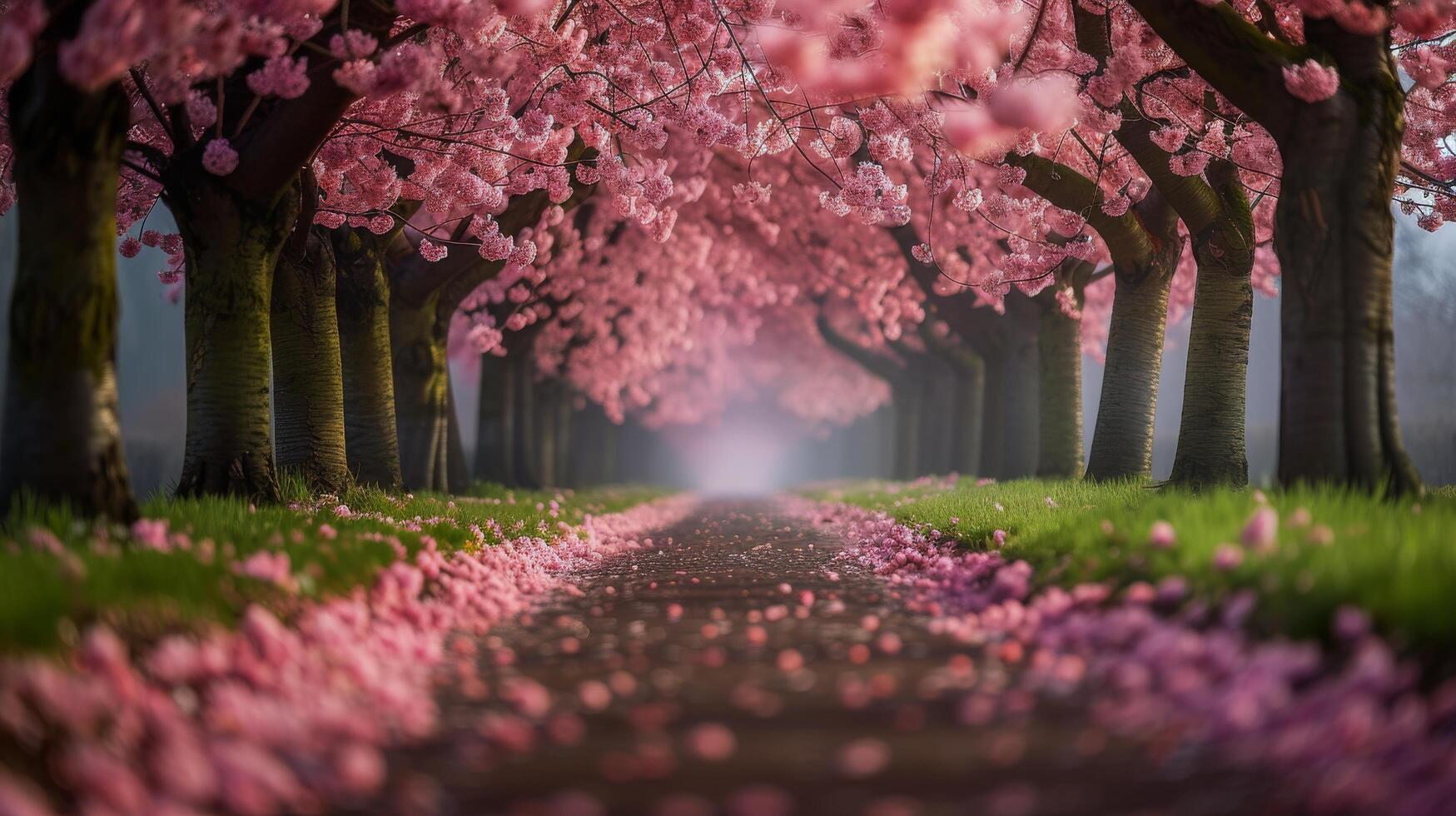 AI generated Blooming Pink Flowers Along Tree-Lined Road photo