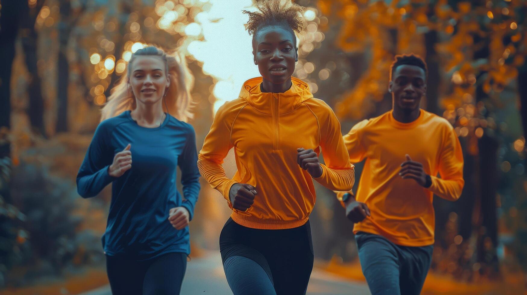 ai generado grupo de personas corriendo abajo la carretera foto