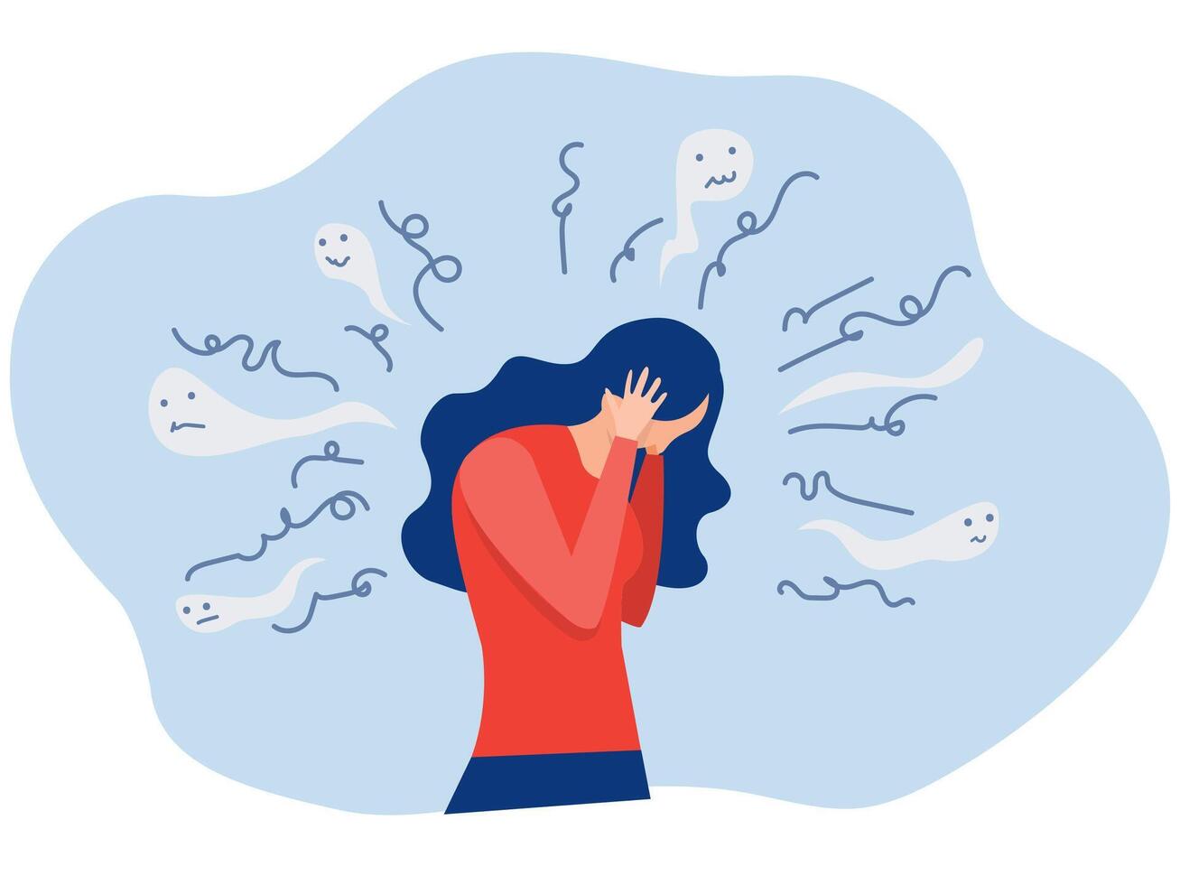 mujer sufre o estresado sostiene el cabeza rodeado por pensamientos, problema sensación ansiedad y Confusión mental enfermedad conceptos. plano vector diseño ilustraciones.