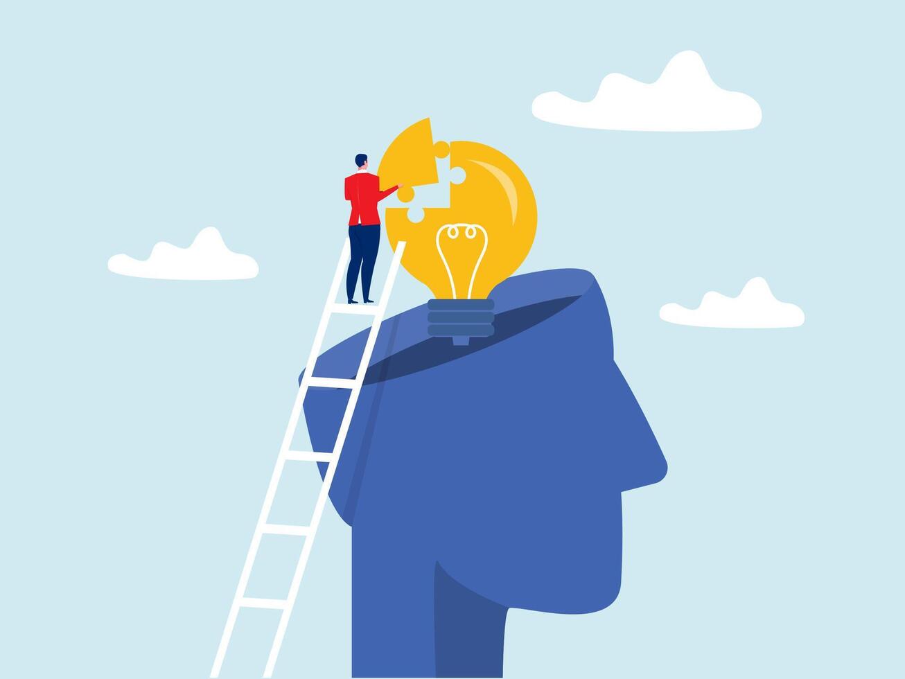 businessman assemble last piece of jigsaw to complete lightbulb idea puzzle.creativity and symbol of inspiration or creative thinking for business success concept vector