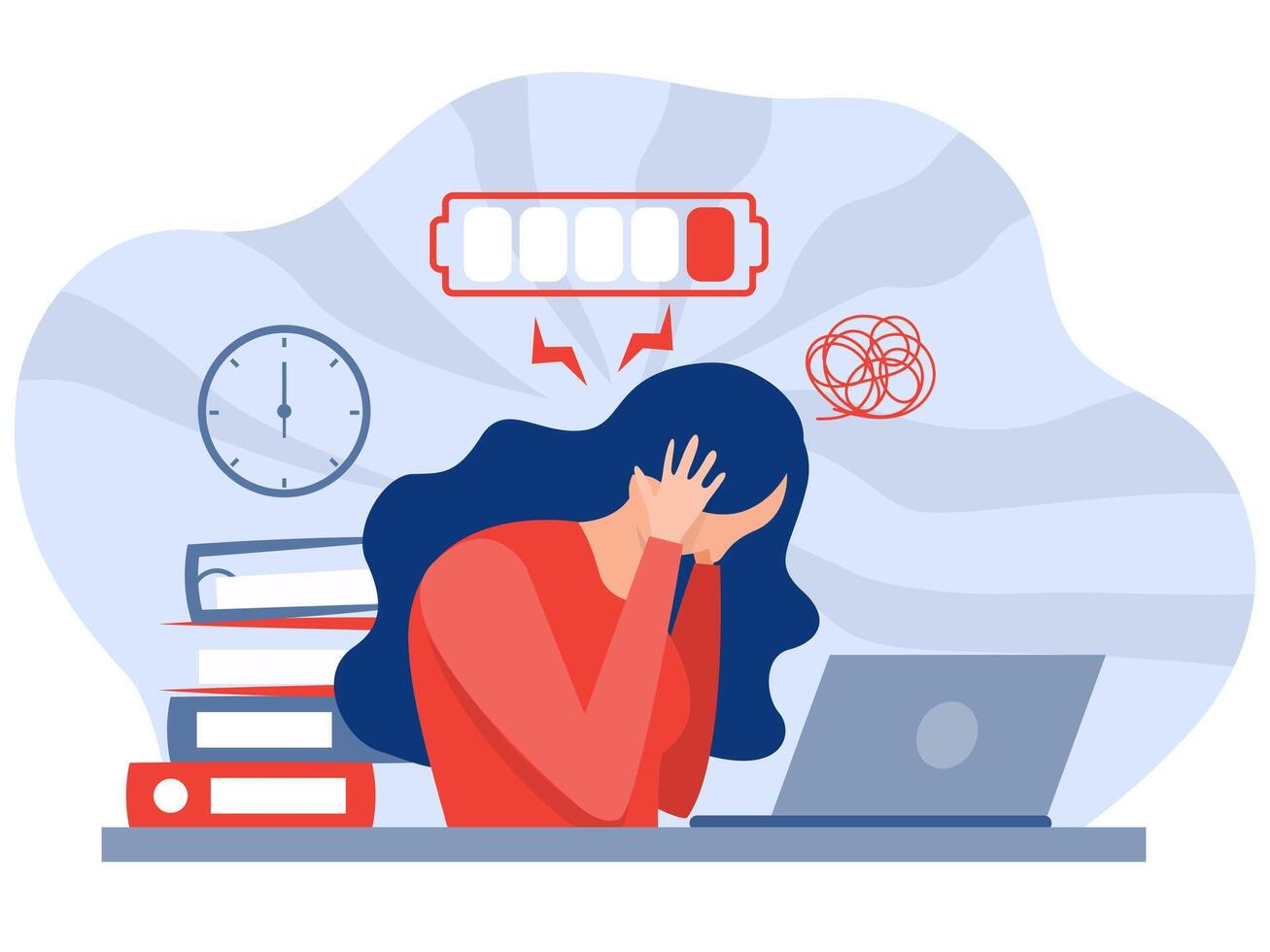 Professional burnout syndrome. Tired woman stress with full and low energy battery working on computer in workplace. Frustrated depressed office worker with stress, vector