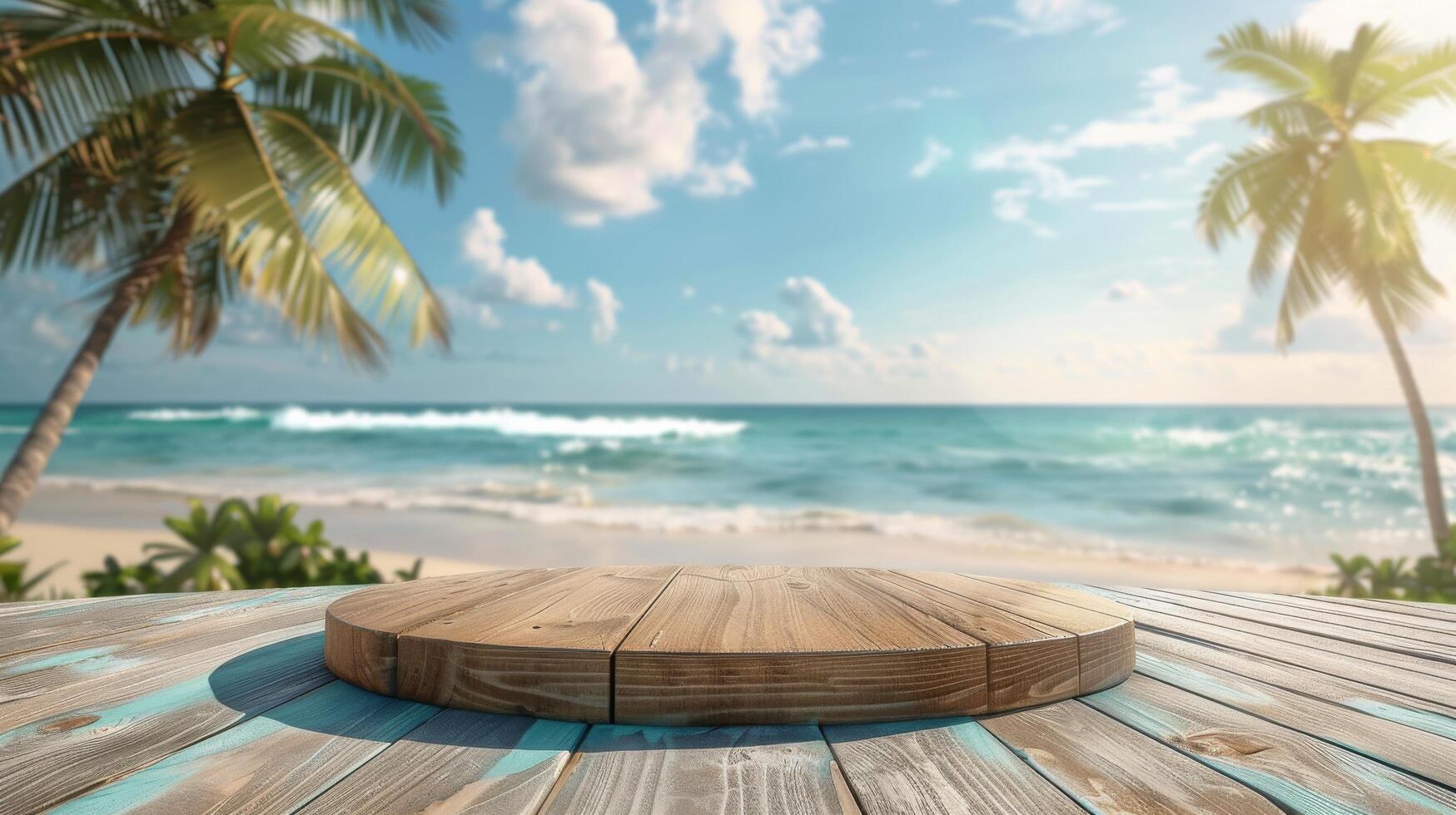 AI generated Wooden Deck Overlooking Ocean With Palm Trees photo