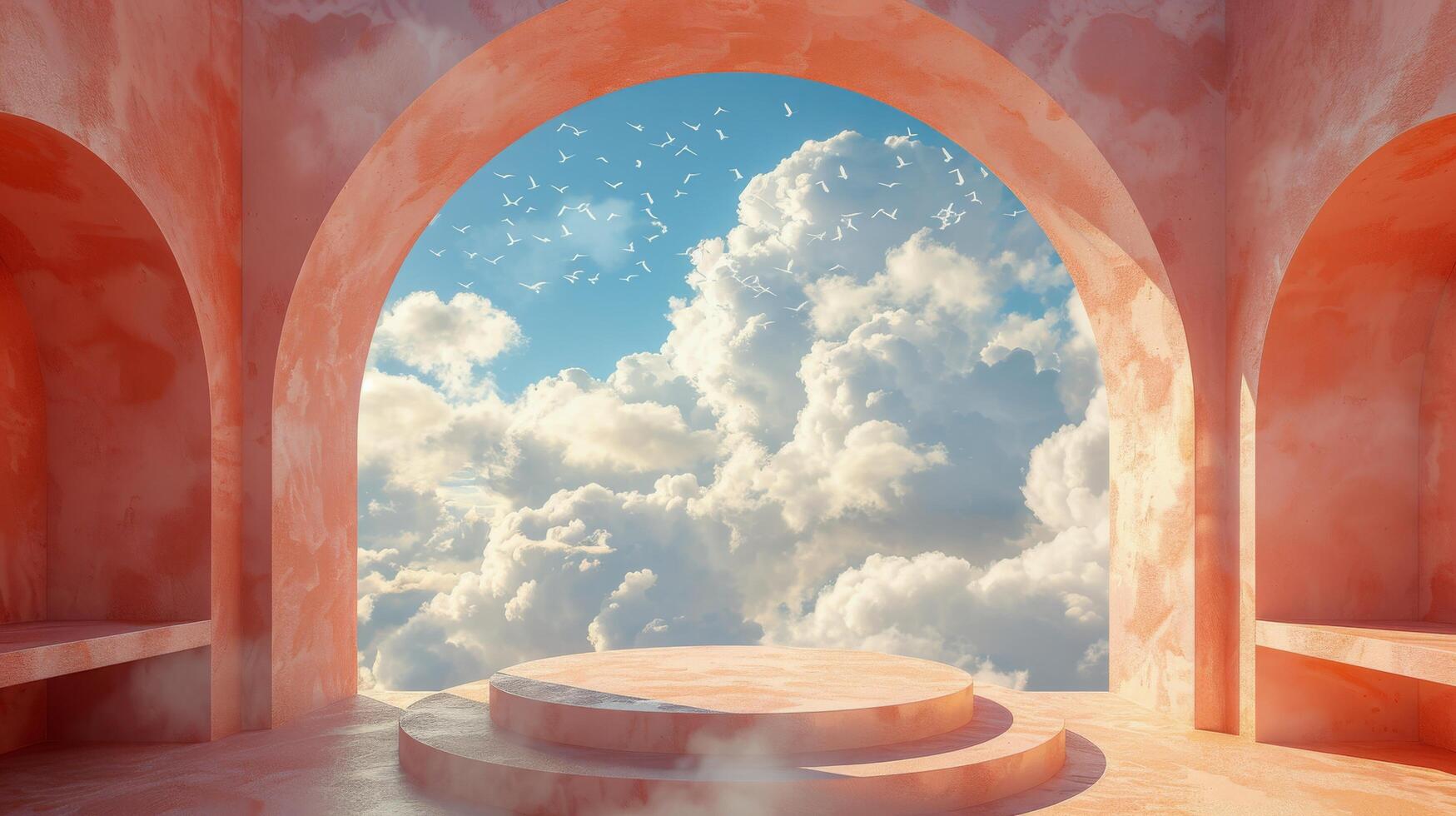 AI generated Room With Round Window and Clouds photo