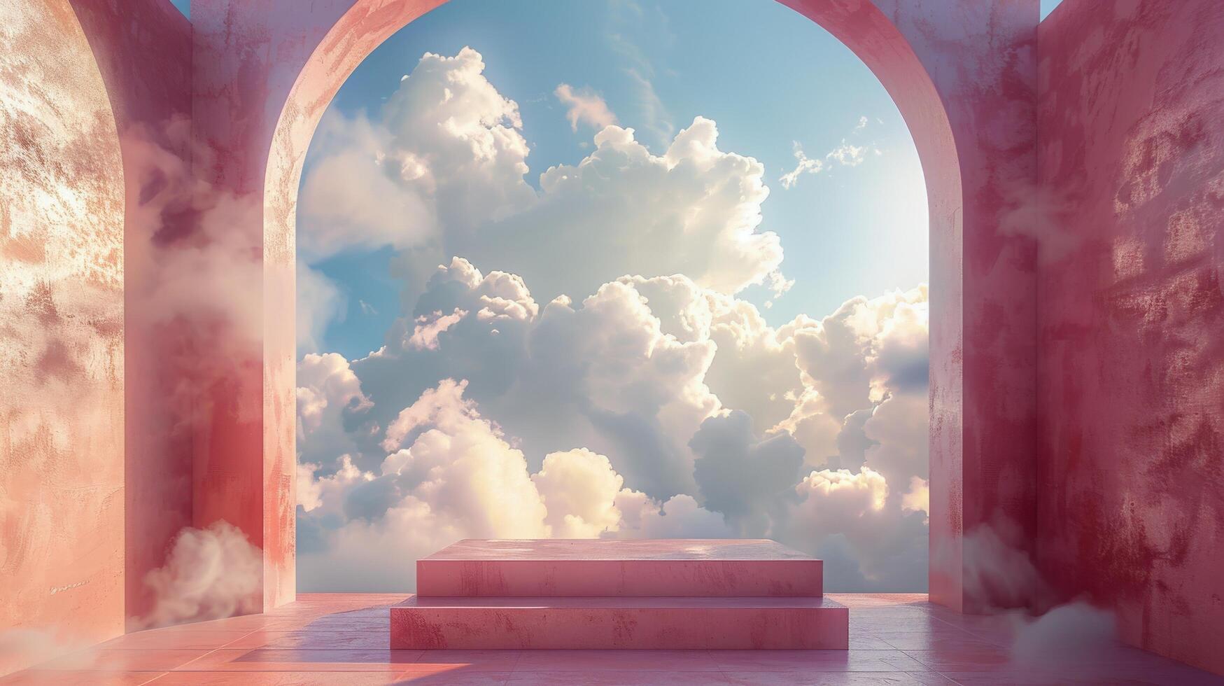 ai generado rosado habitación con nubes y redondo ventana foto