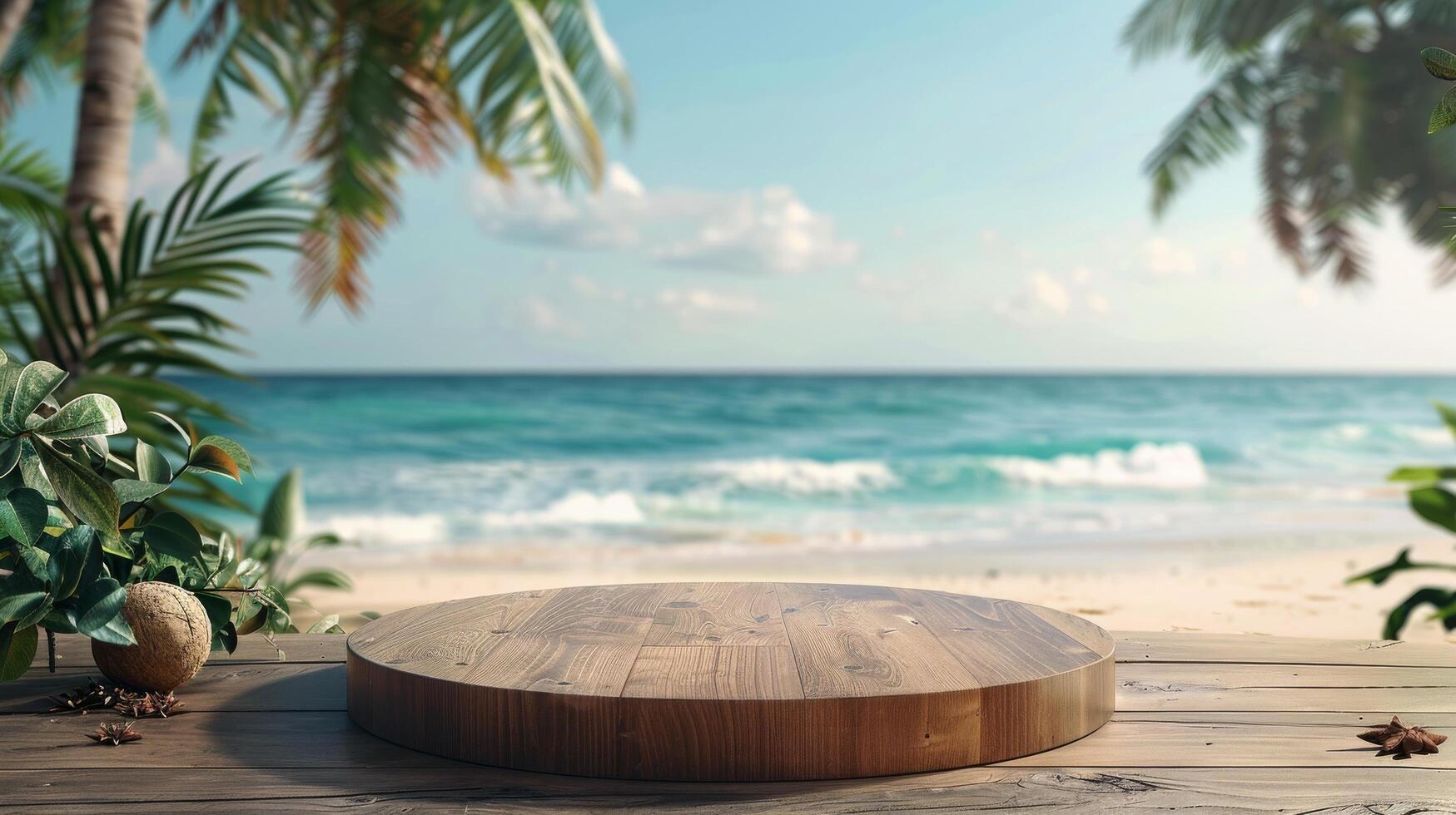 AI generated Wooden Table Overlooking Ocean photo