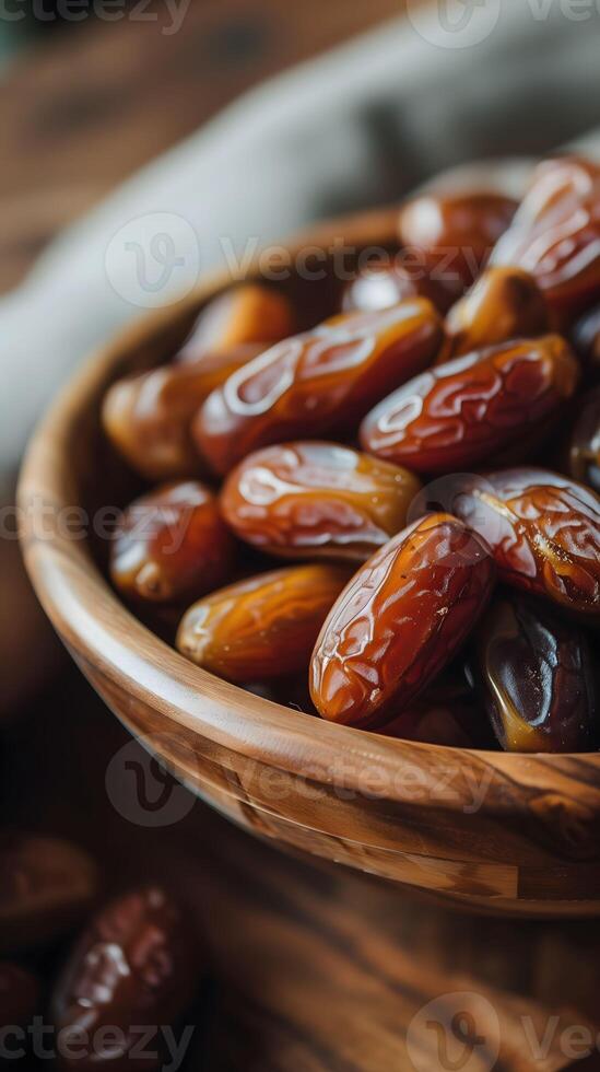 AI generated Dates in a wooden bowl on a wooden table photo
