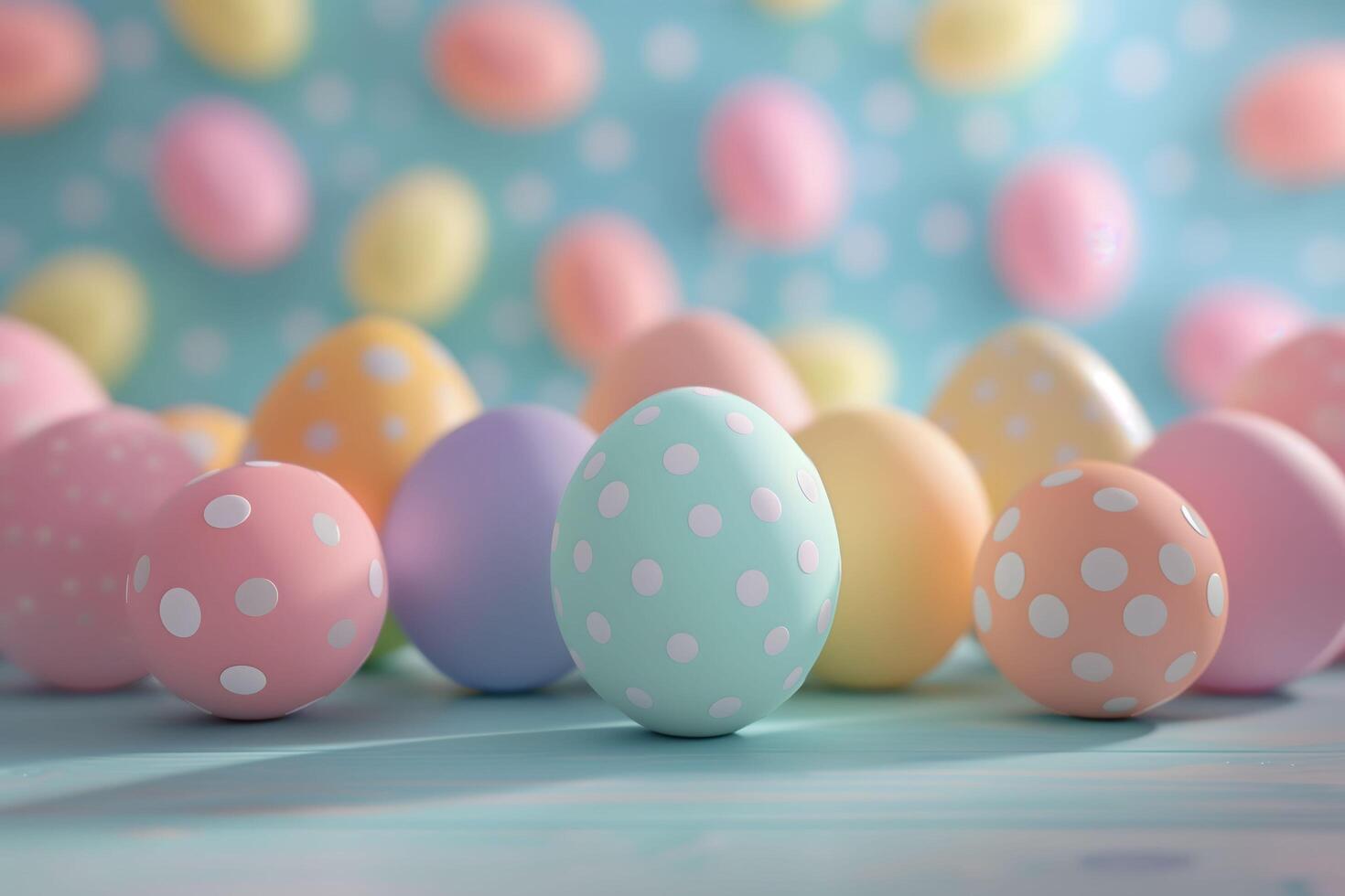 AI generated Delicate polka-dotted eggs in a palette of pastel hues create a playful scene on a soft blue table photo