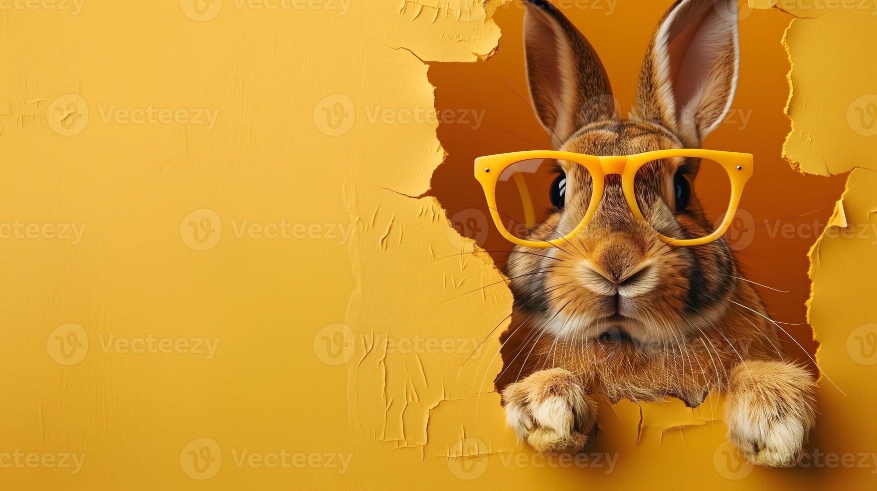 AI generated A curious rabbit in round glasses peeks out from a hole in a textured yellow wall, copy space photo