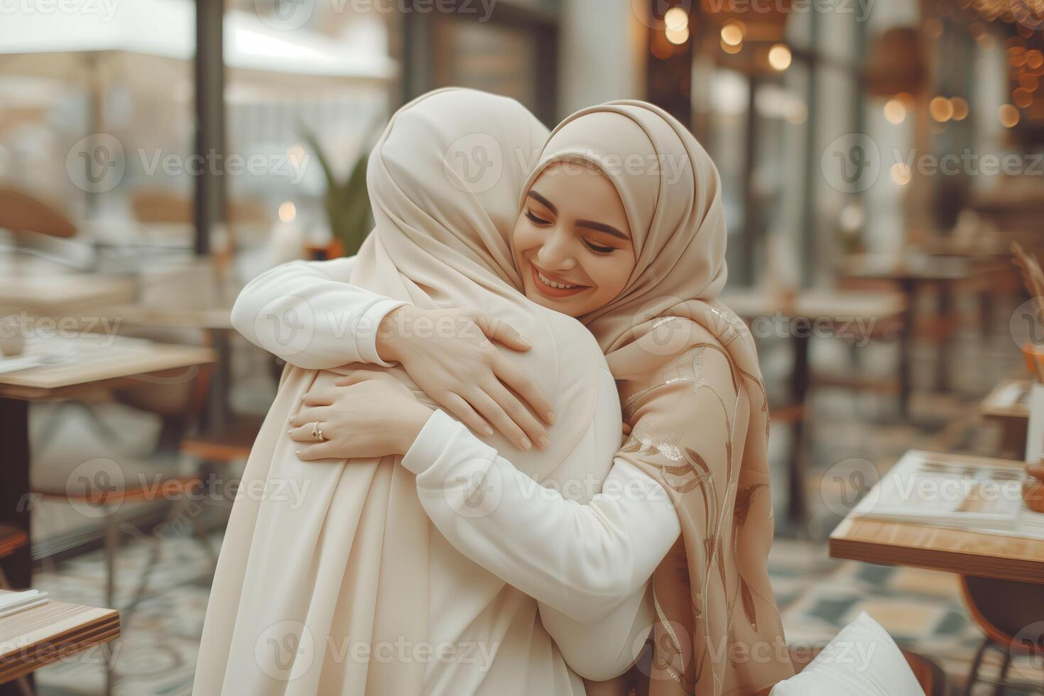 AI generated two women wearing hijabs are hugging inside a restaurant photo