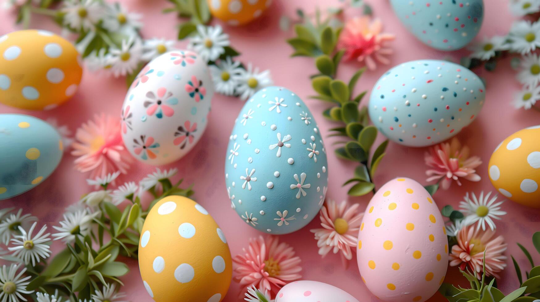 AI generated A vibrant collection of colorful Easter eggs and fresh flowers create a festive scene on a pink background photo