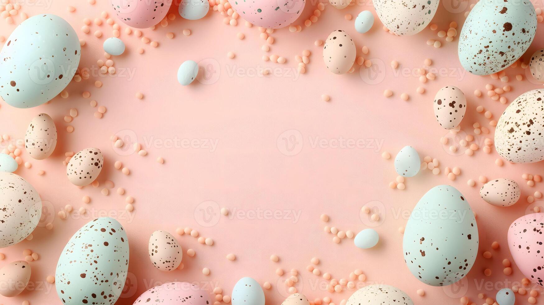 AI generated A vibrant array of pastel eggs, each a different color, playfully decorate a soft pink background photo