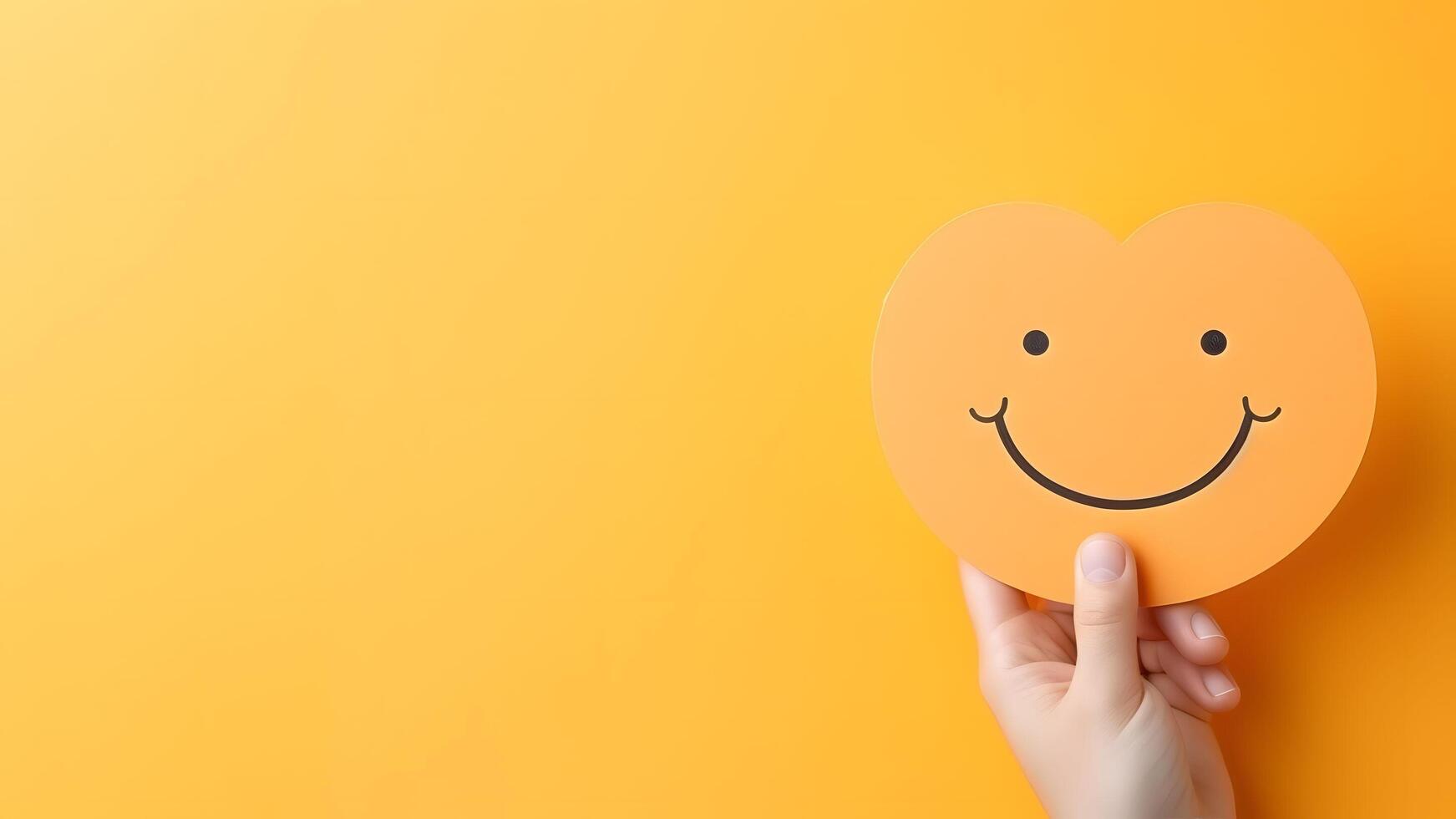 AI generated Hand holding a heart-shaped paper with a smile on it, on a bright orange background photo