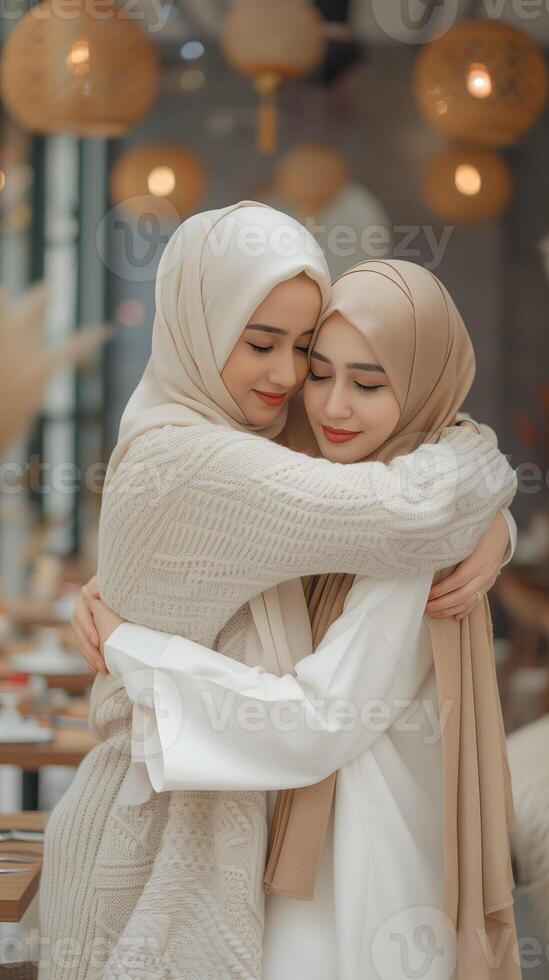AI generated two women wearing hijabs are hugging inside a restaurant photo