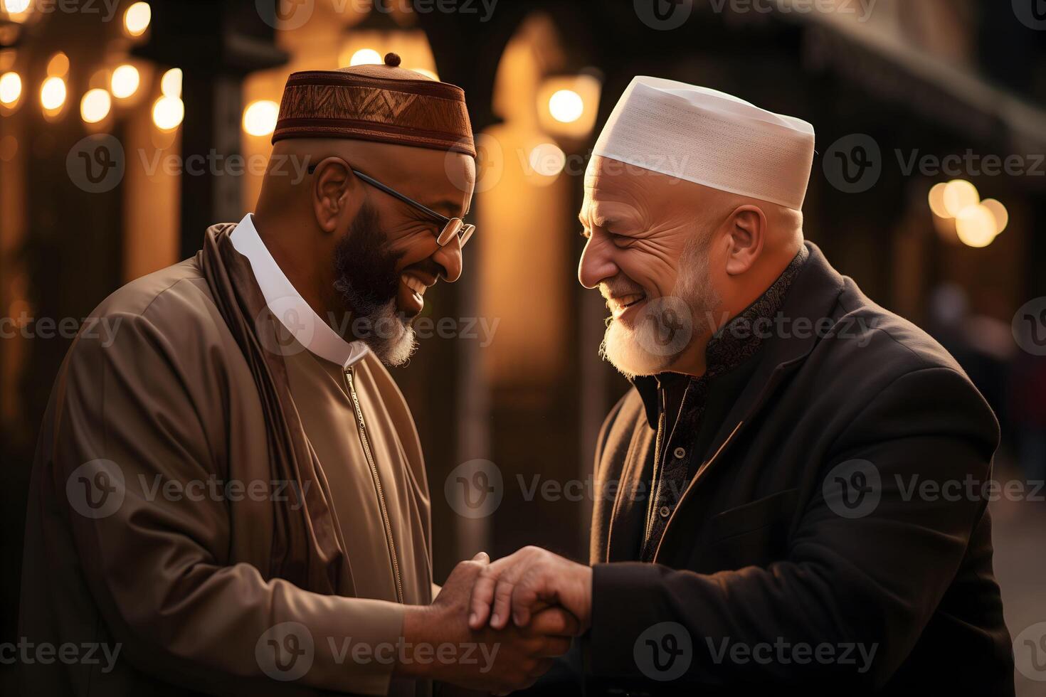 AI generated Elderly Muslims shaking hands with smiles on their faces photo