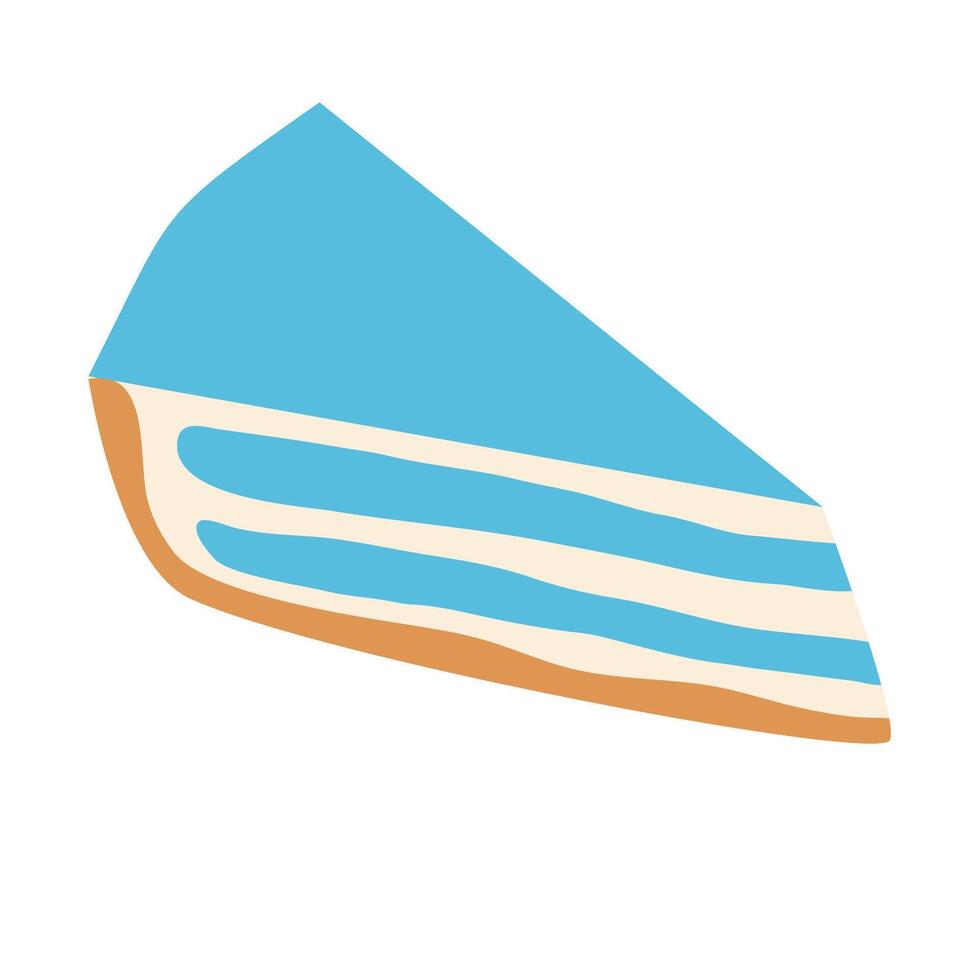 A blue piece of cake on a white background. The cake has three layers and has a blue cream. cake with blueberry cream. piece cake blueberry vector