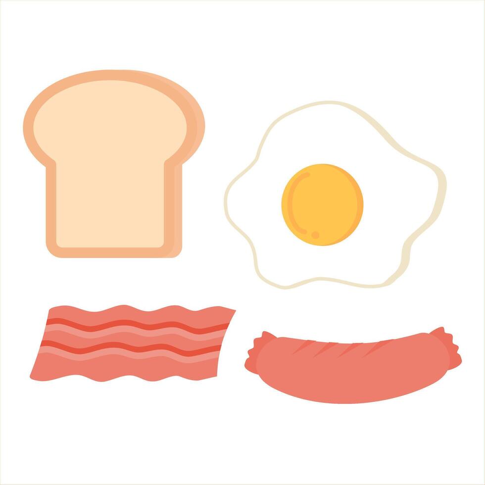 Bread, fried egg, bacon, toast and sausage.Set of cute breakfast.Menu for a restaurant or cafe.Cartoon vector illustration.