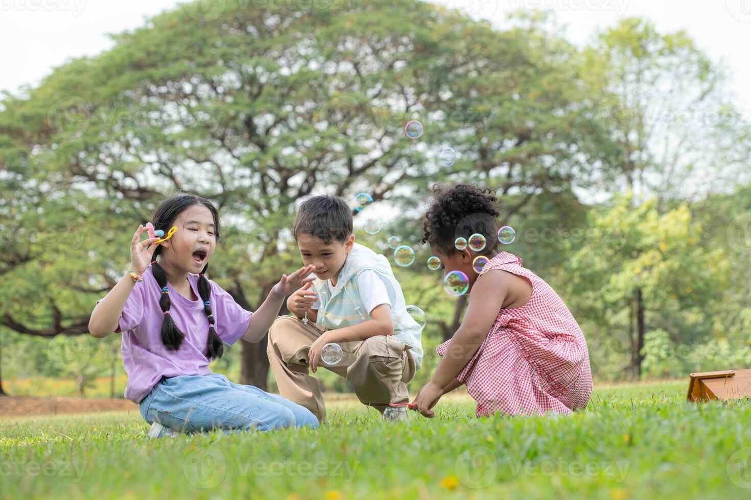 Children sitting in the park with blowing air bubble, Surrounded by greenery and nature photo