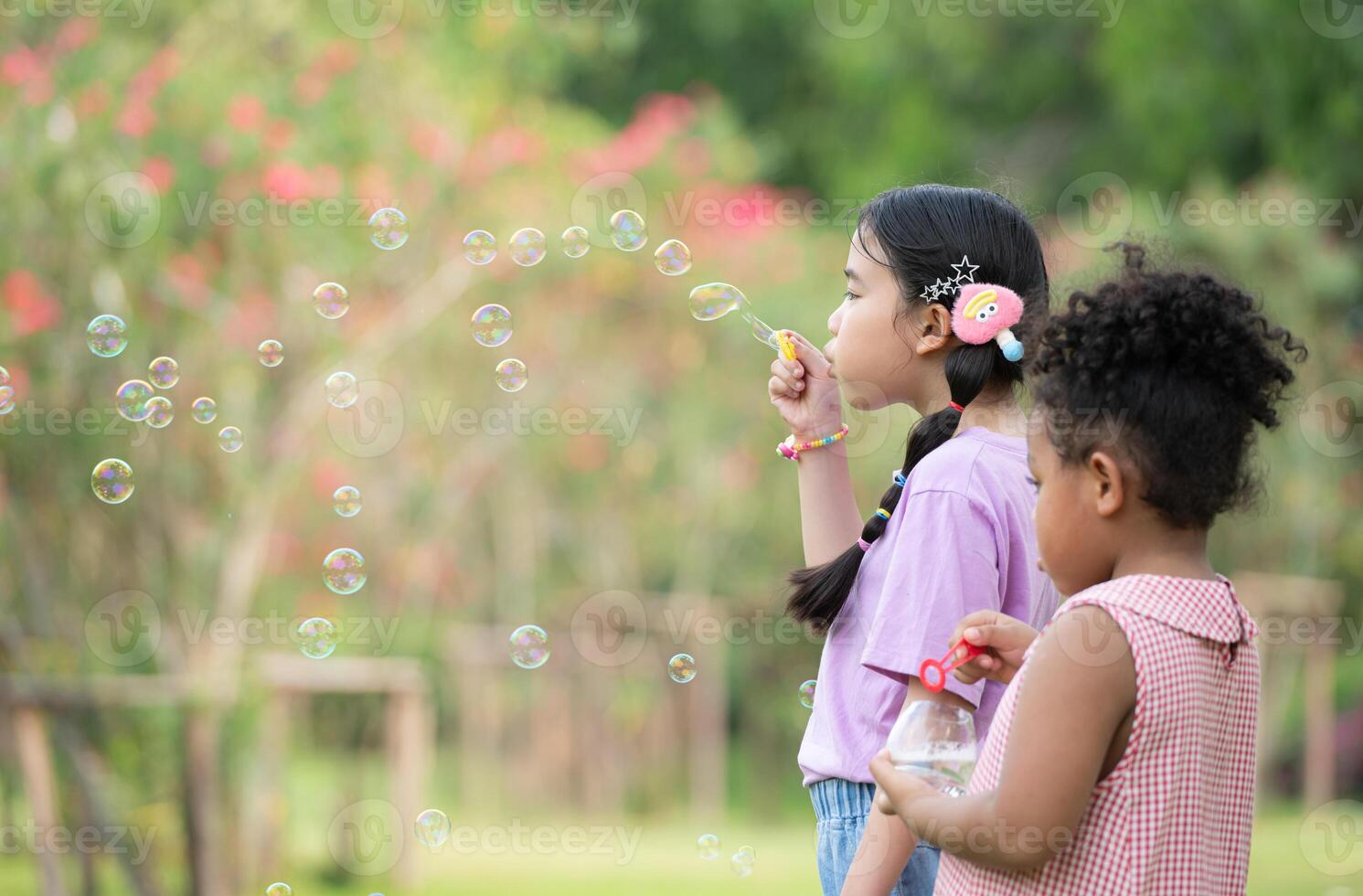 Girls in the park with blowing air bubble, Surrounded by greenery and nature photo