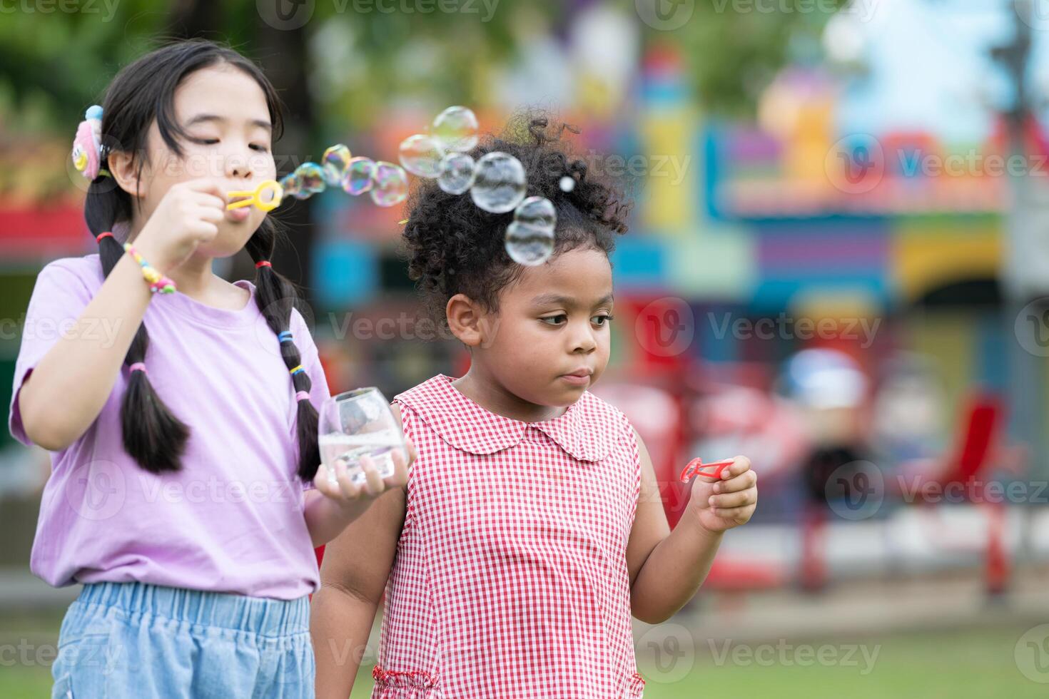 Girls in the park with blowing air bubble, Surrounded by greenery and nature photo