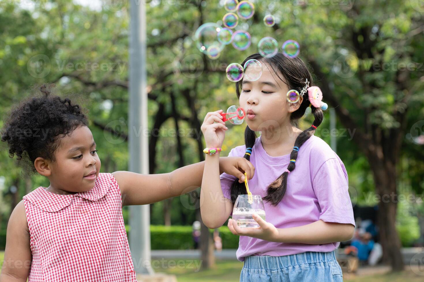 Girls in the park with blowing air bubble, Surrounded by greenery and nature photo