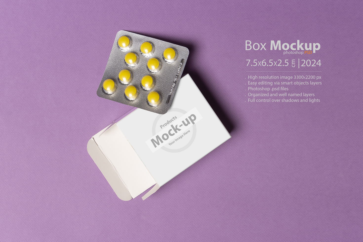 Pills tablet on a box in front of purple background mock-up series psd