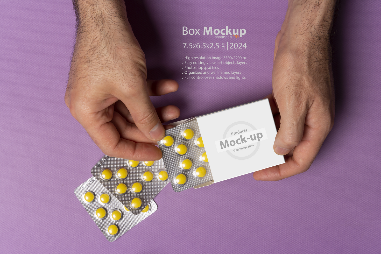 Male hand putting pills tablets in the box mock-up series psd