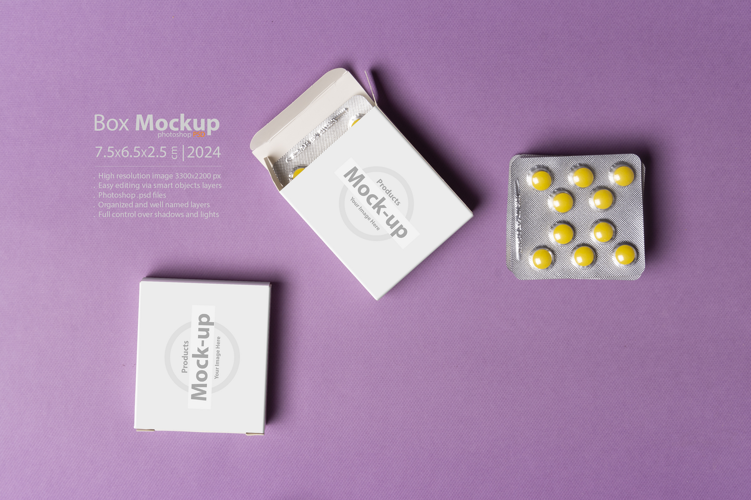 Pills tablet box in front of purple background mock-up series psd