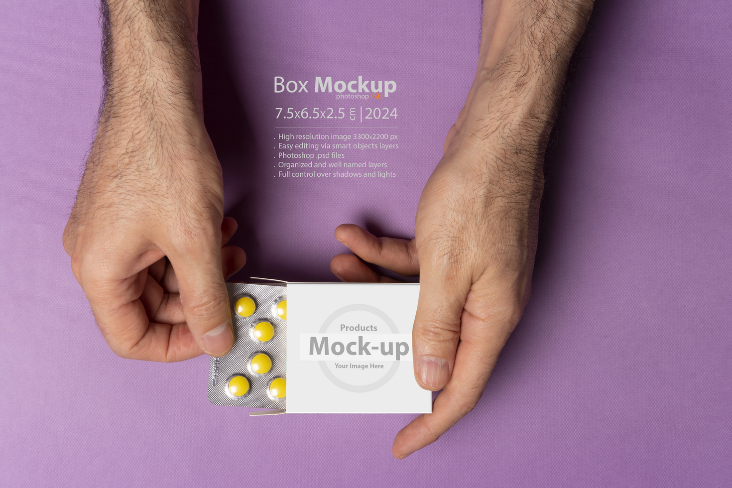 manlig hand föra ut piller läsplatta från låda i främre av lila bakgrund mock-up serier psd