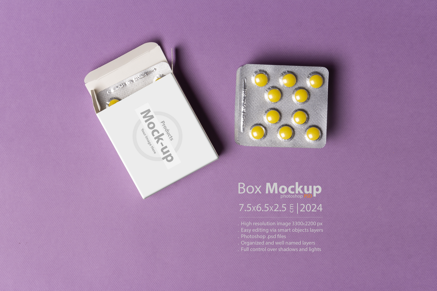 Pills tablet box in front of purple background mock-up series psd