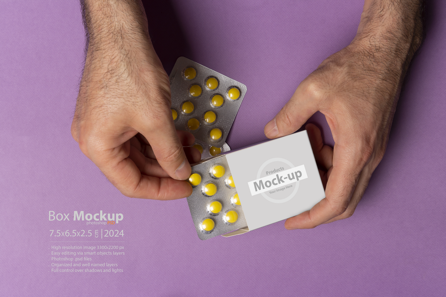 Male hand bringing out pills tablet from box mock-up series psd