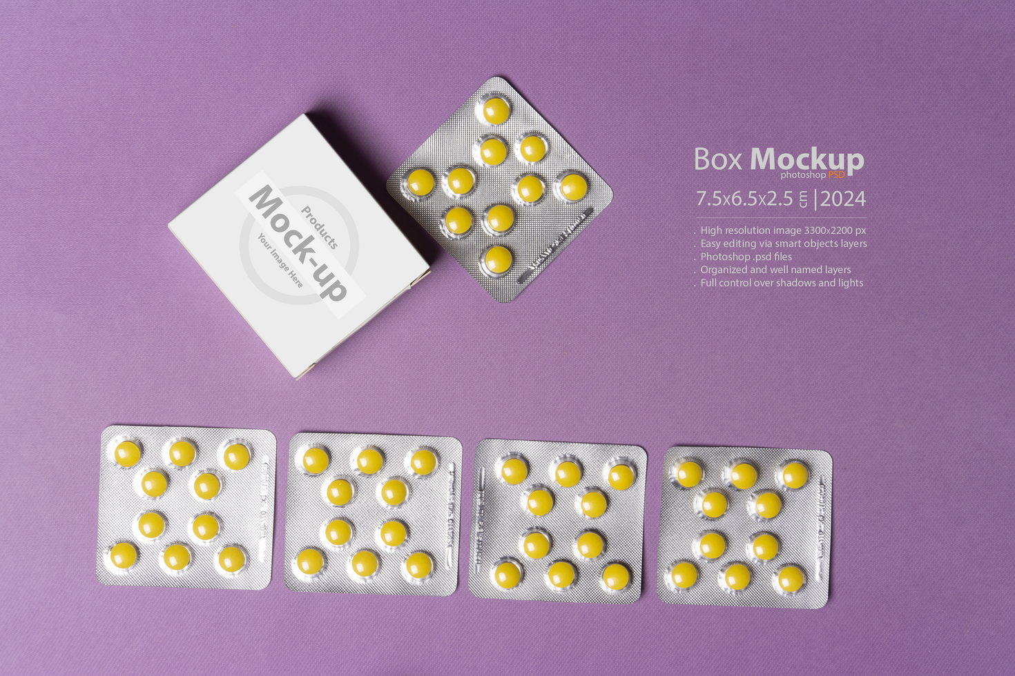 Pills tablets beside box in front of purple background mock-up series psd